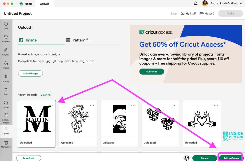 Format to upload image to Cricut Design Space - Add to Canvas